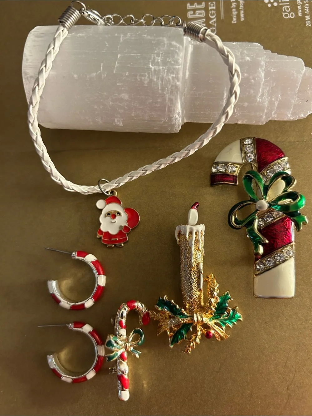 Lot XMAS pointsietta + 2 Red White Candy Canes + candle + Santa bracelet + hoops